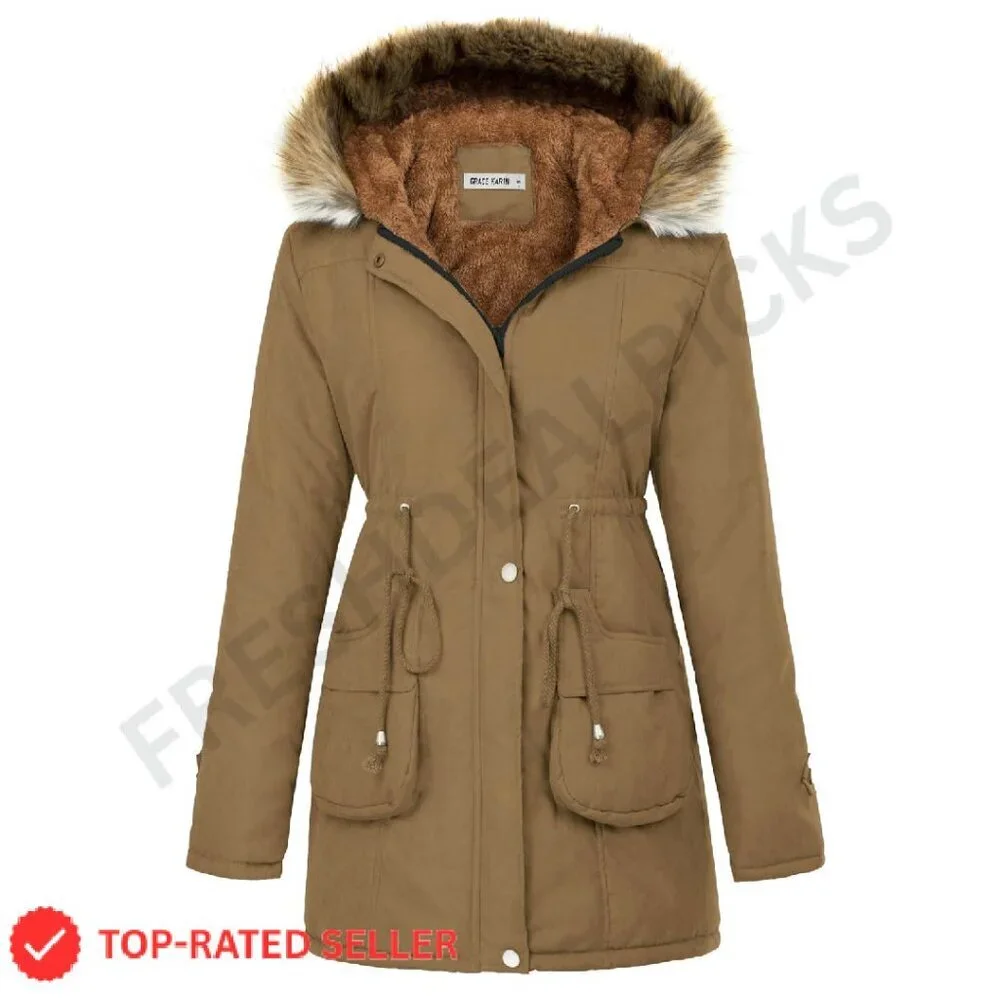 Women's Fleece Lined Parka Jacket Hooded Military Style Winter Coat Warm